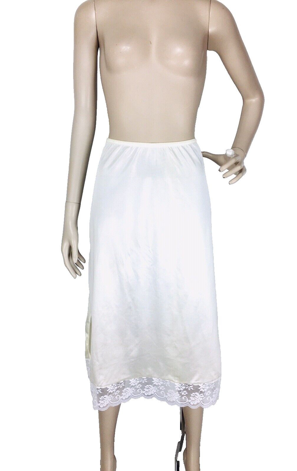 Vintage 70s Chantilly Maidenform Side Slits Lace Trim Midi Skirt Half Slip Small