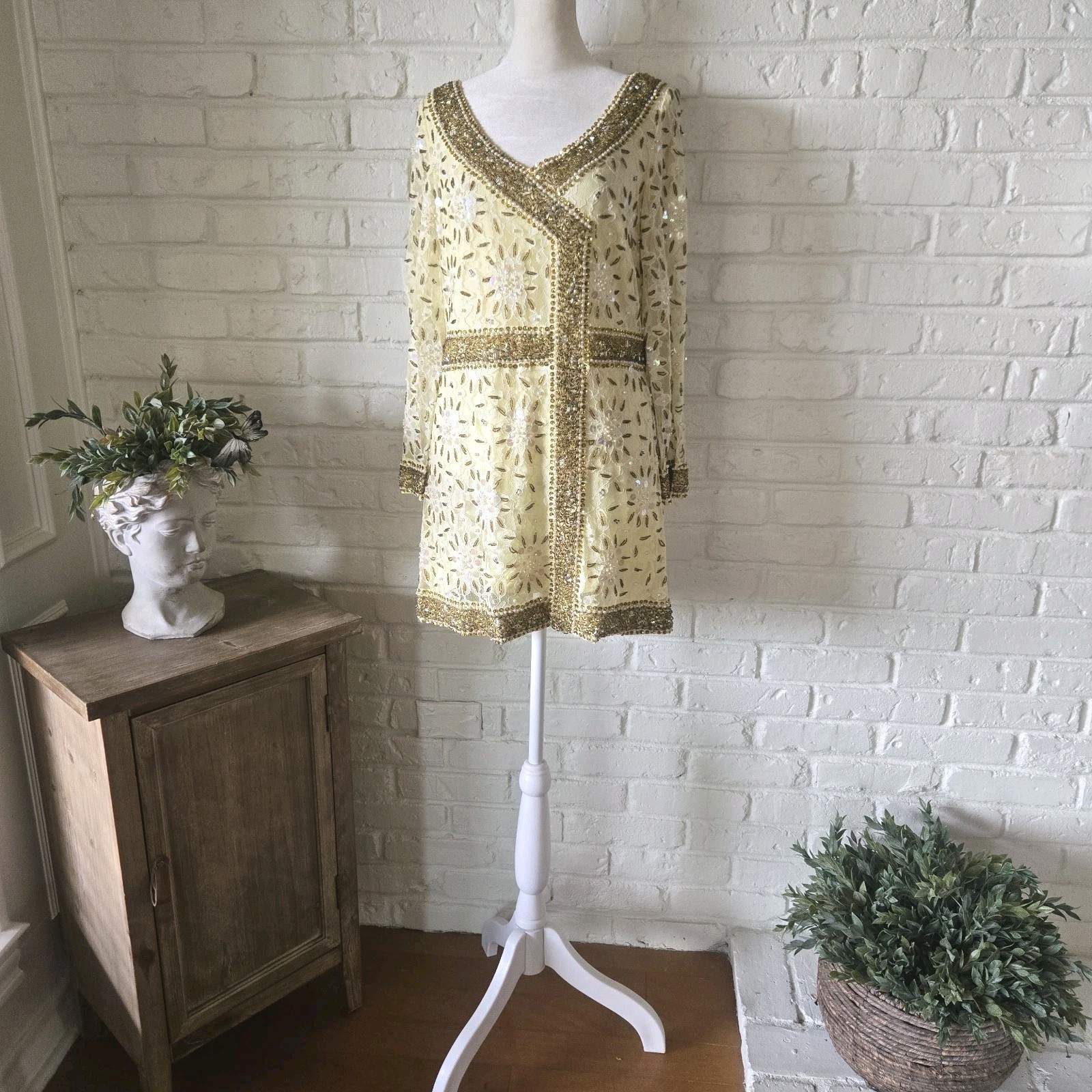 Vtg 60s 70s Beaded Tunic Top & Pants Set, Yellow & Gold, Vacation, S