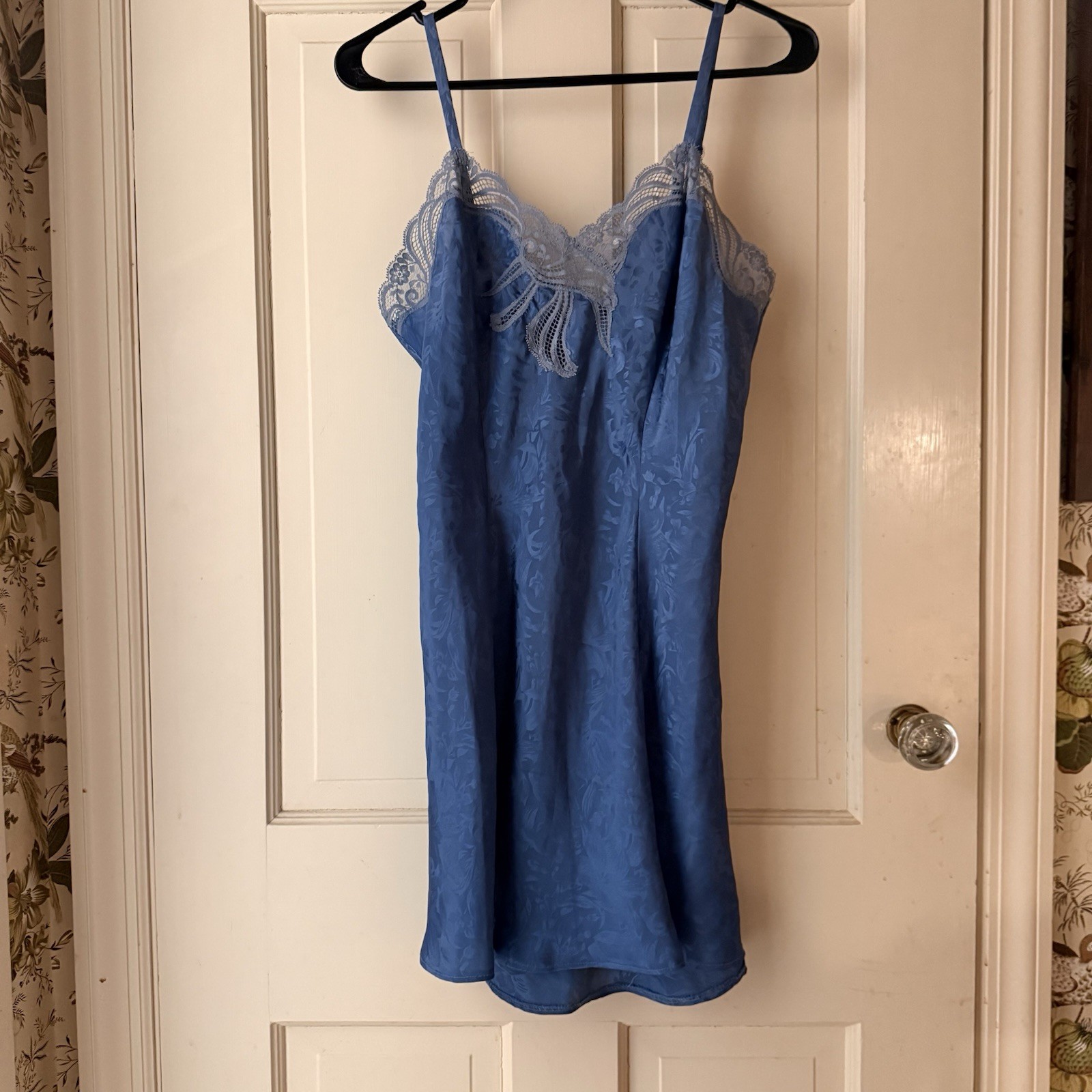 Adonna Vintage Blue Lace Trim Slip Blue Regular Size Women&rsquo;s Nightwear Lingerie