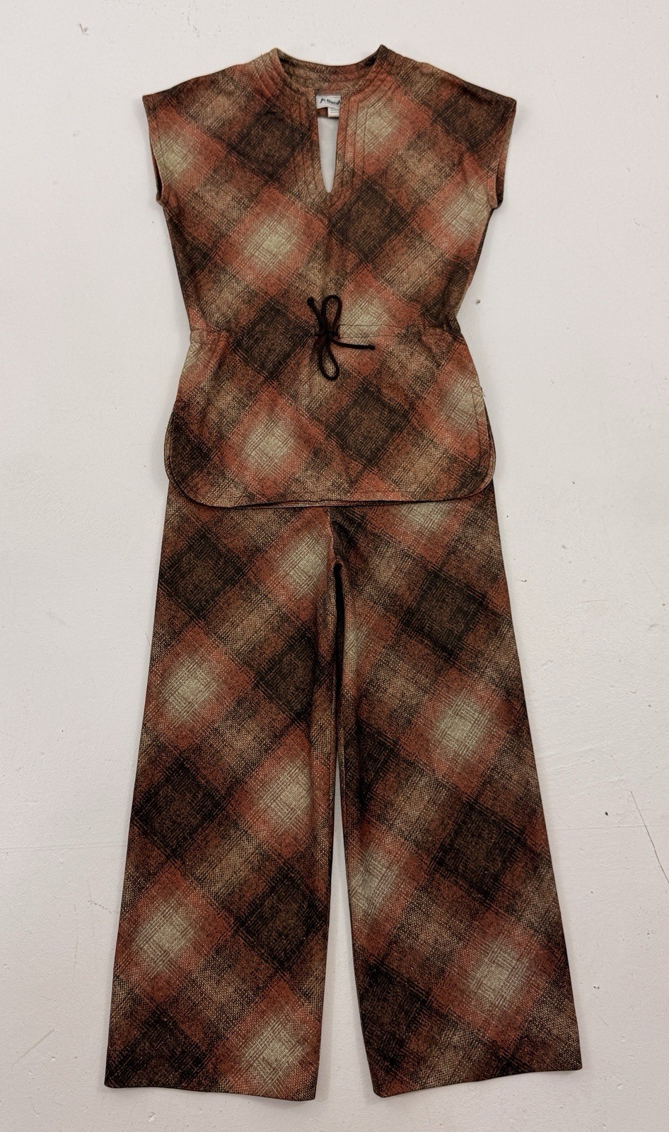 VTG 70s Jo Hardin Disco Plaid Tunic & Pants Set Wide Leg Flair High Waist W28”