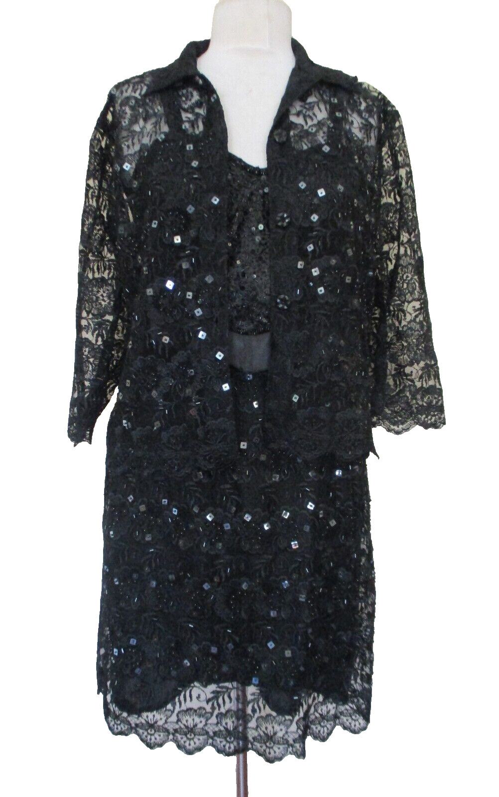 Vintage Surya 3 pc Skirt Outfit Set S/M Women Black Sequin Lace Bustier Top