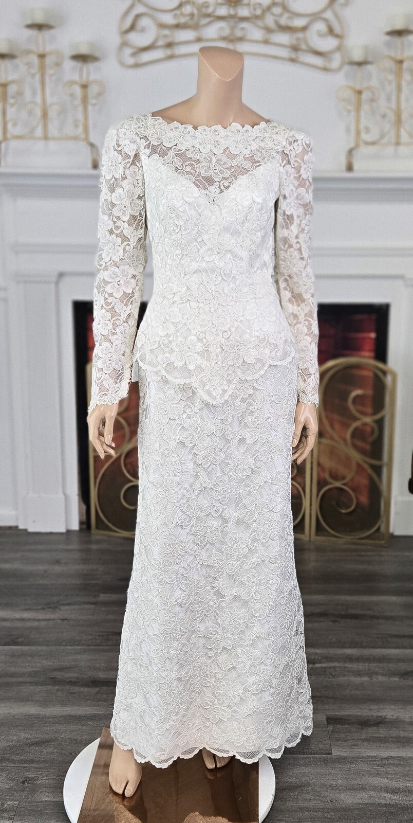 House of Bianchi Vintage 80s 90s White Alencon Lace Wedding Dress sz 6