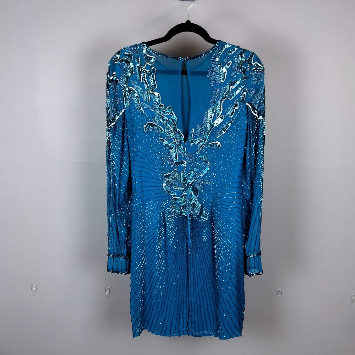Vintage Liptons Silk Beaded Sequin Mini Dress Teal Blue Illusion Neck Cocktail