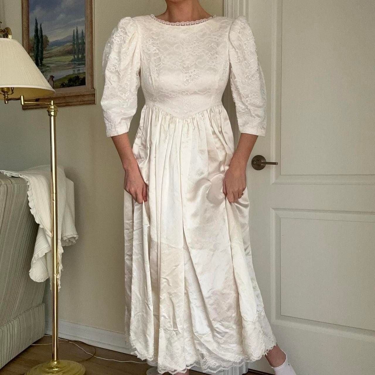 Vintage Handmade White Lace Basque Waist Gown with Puffy Sleeves