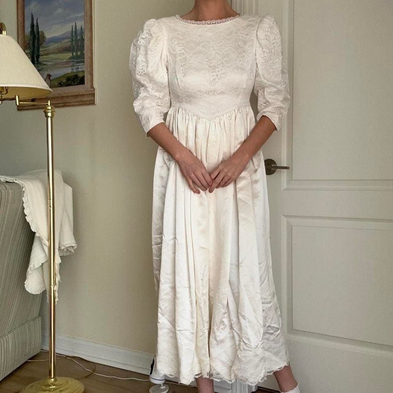Vintage Handmade White Lace Basque Waist Gown with Puffy Sleeves