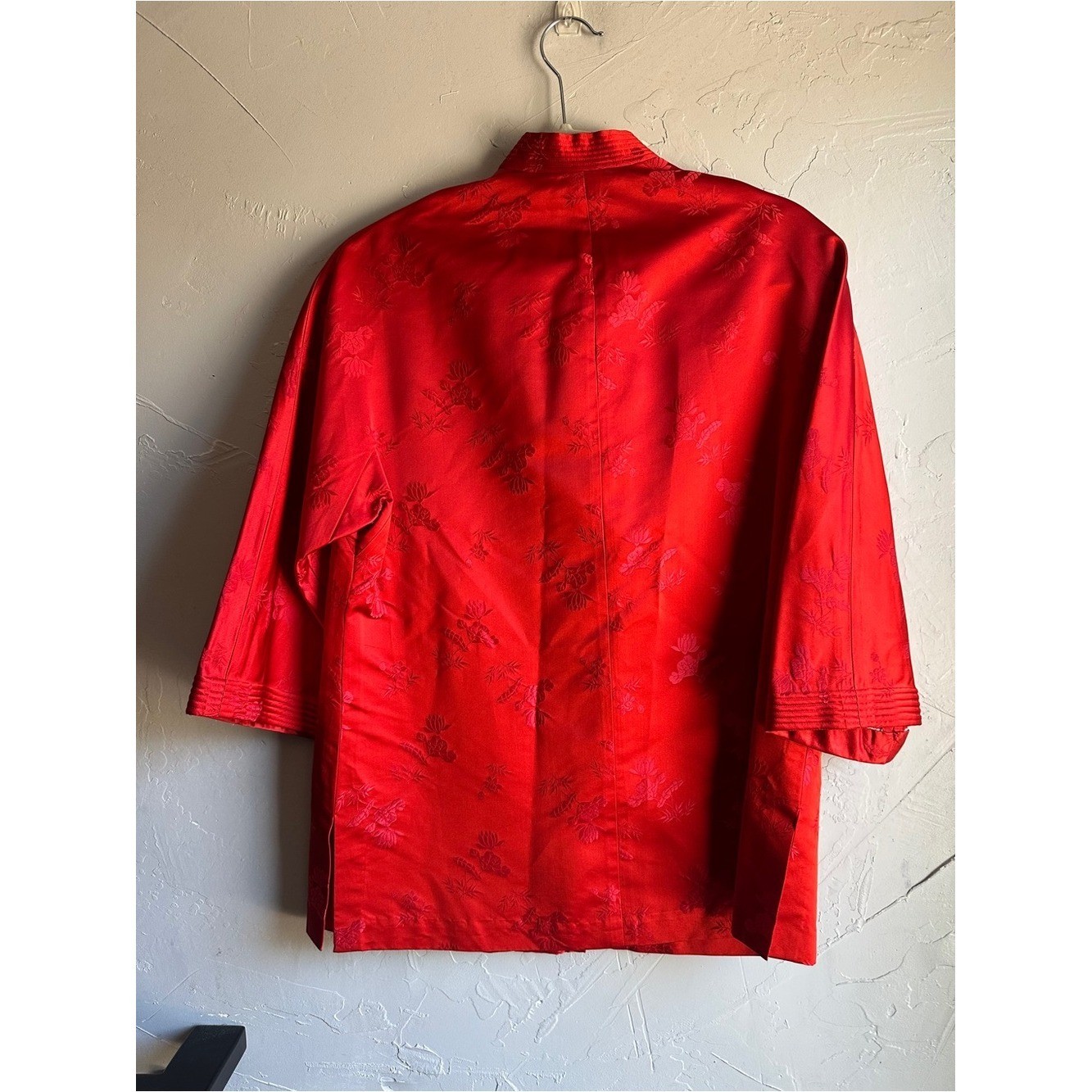Vintage Red Mandarin Frog Closure Satin Jacquard Jacket Chinese Brocade Artwear