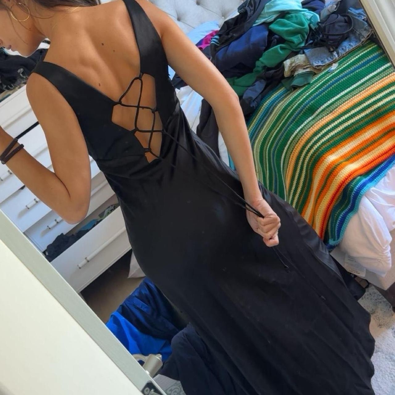 Vintage 90s Rampage R-Wear Black Satin Shiny Lace Up Open Back Maxi Dress Size S