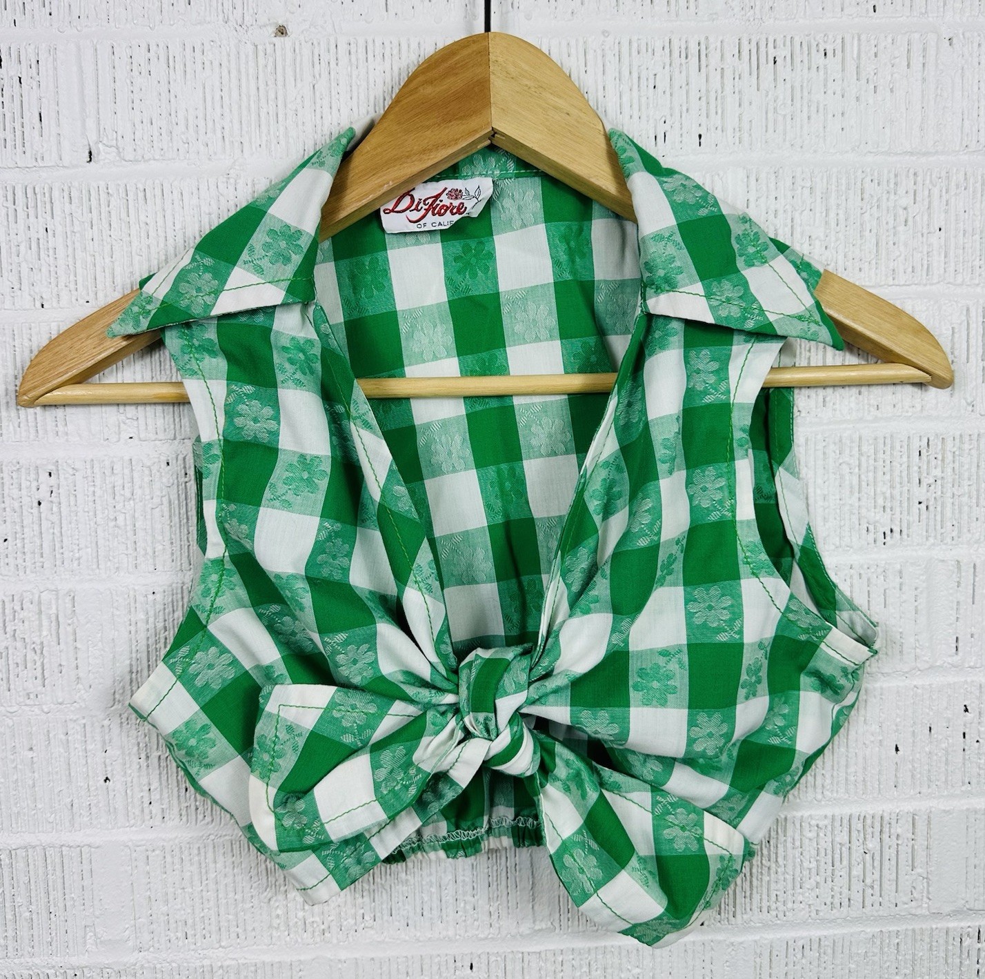 Vintage 60&rsquo;s Di Fiore Cali Green Check Tie Front Sleeveless Crop Top Womens S