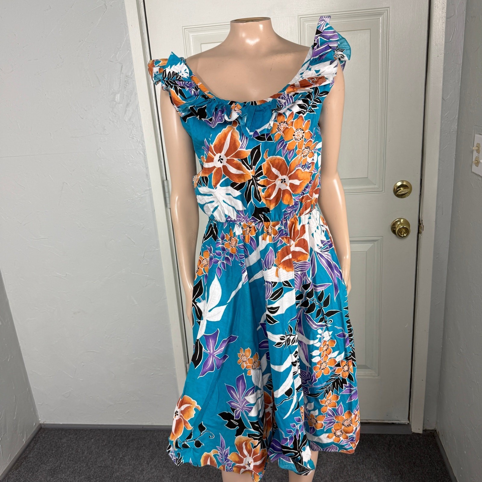 Vintage 70s Simon Sez Women&rsquo;s Dress Cotton Hawaiian Floral 11/12 USA P2