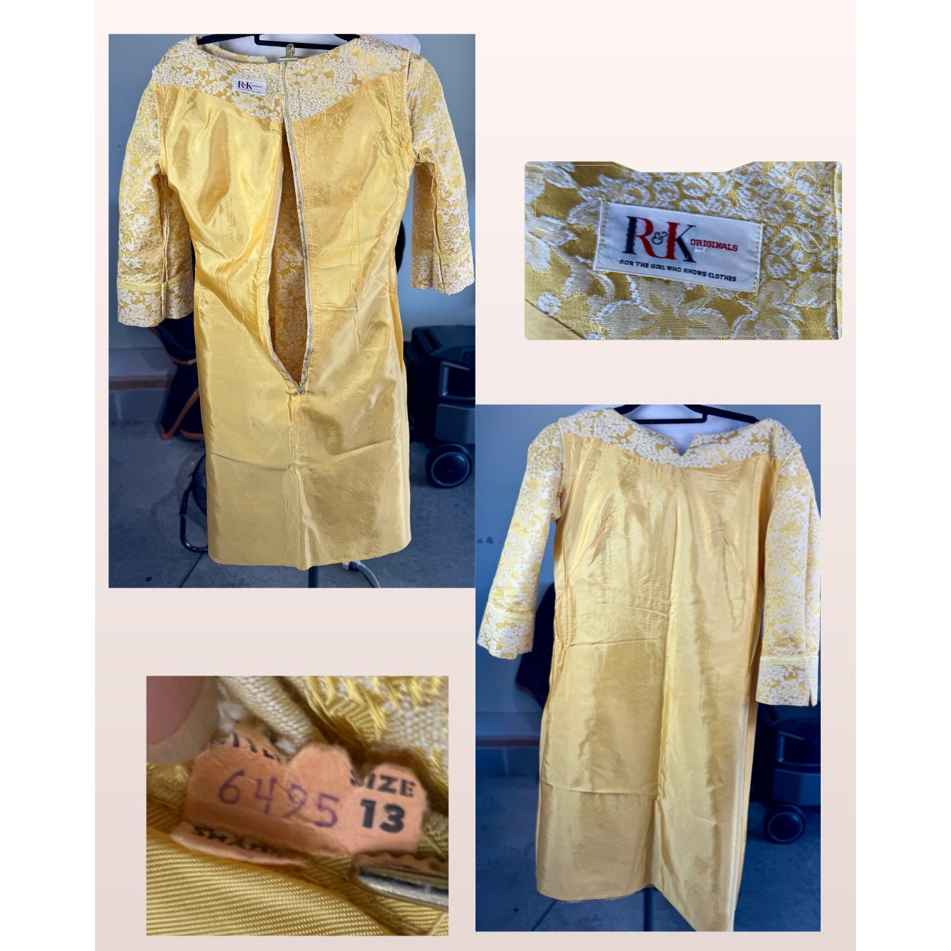Vintage 60s R&K Originals Gold & White Grape Brocade Cocktail Dress Size 13