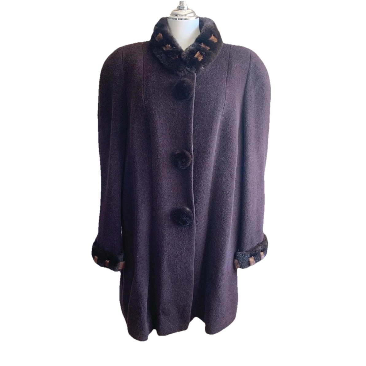Vintage 80% Wool 20% Alpaca Coat Fur Trim Brown M 90s Classic