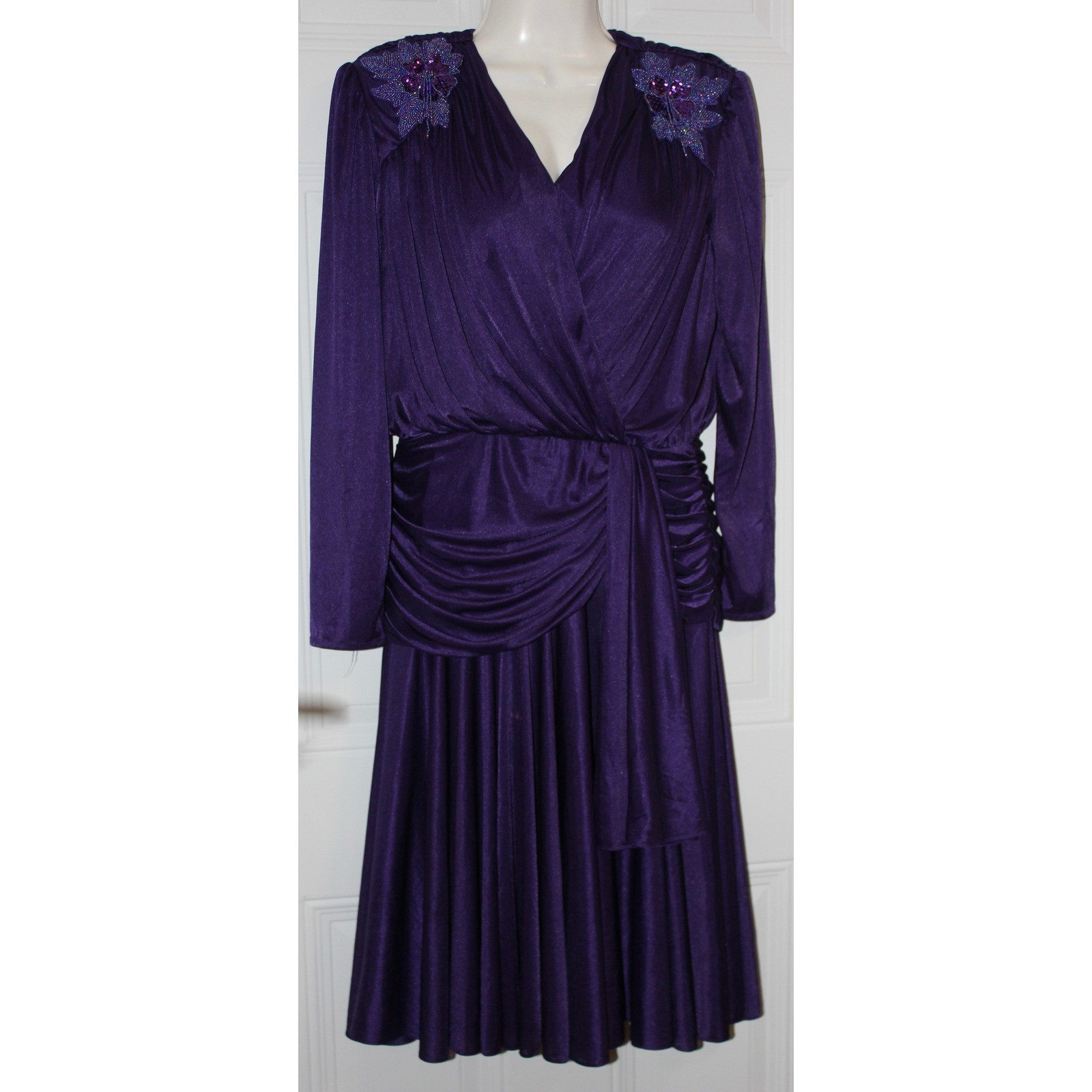 Abby Kent Vintage 80s Purple Beaded Sequin Ruched Dress SZ 14 USA Whimsical Glam