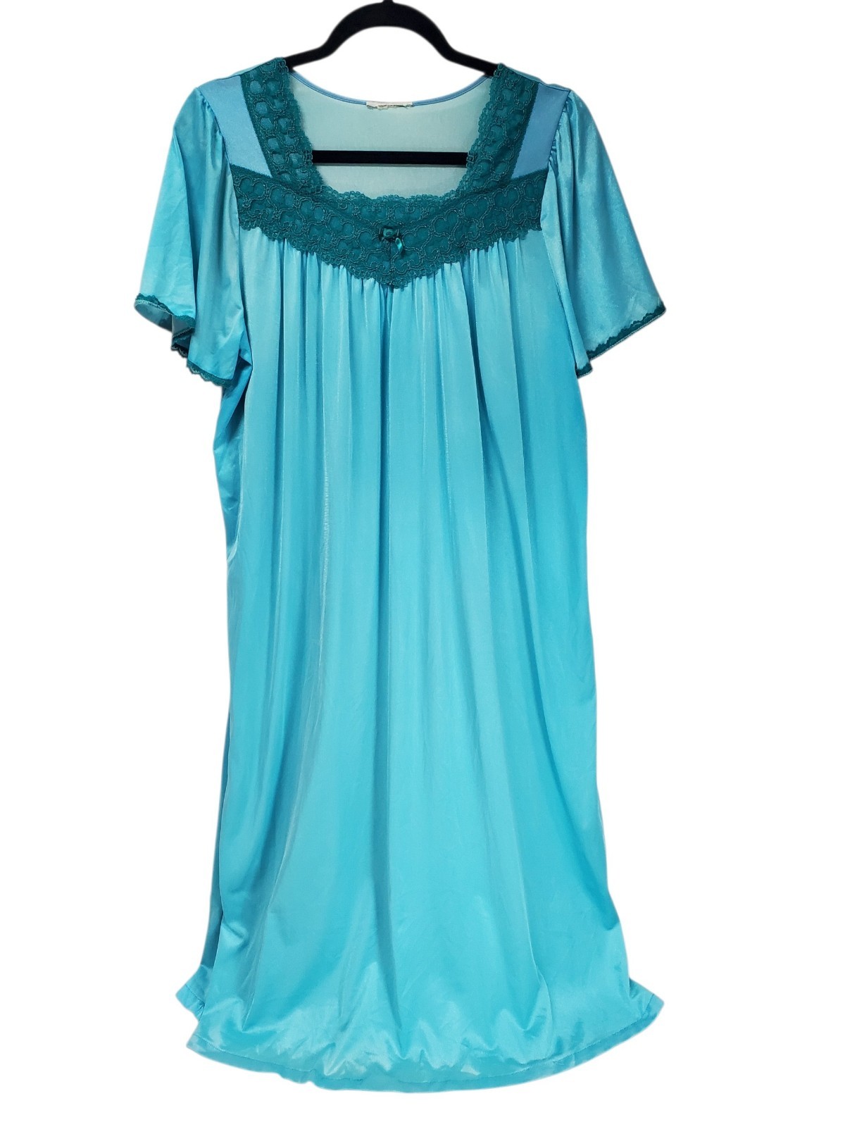 Vintage Aqua Blue Satin Nylon Nightgown Size Large Lace Trim Silky Lingerie