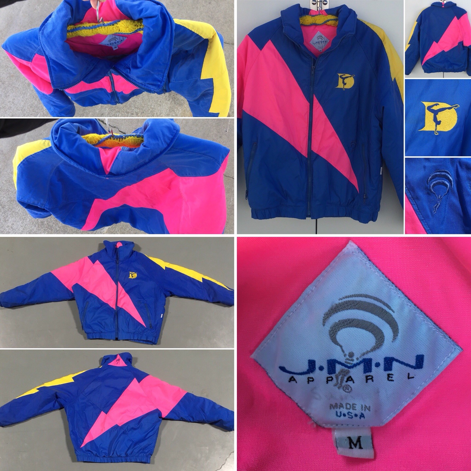 Vintage Color Block Jacket Blue Yellow Neon Pink Gymnastics Lightning Size M