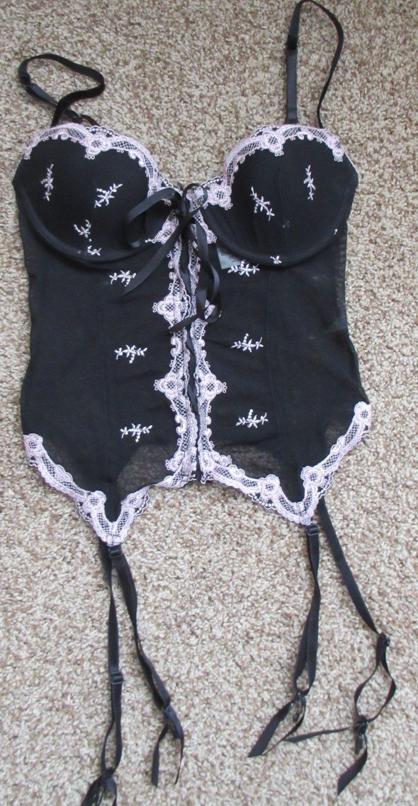 DELICATES BLACK BRIDAL HONEYMOON garters CORSET bra Embroidery Lace UW sz 36/M