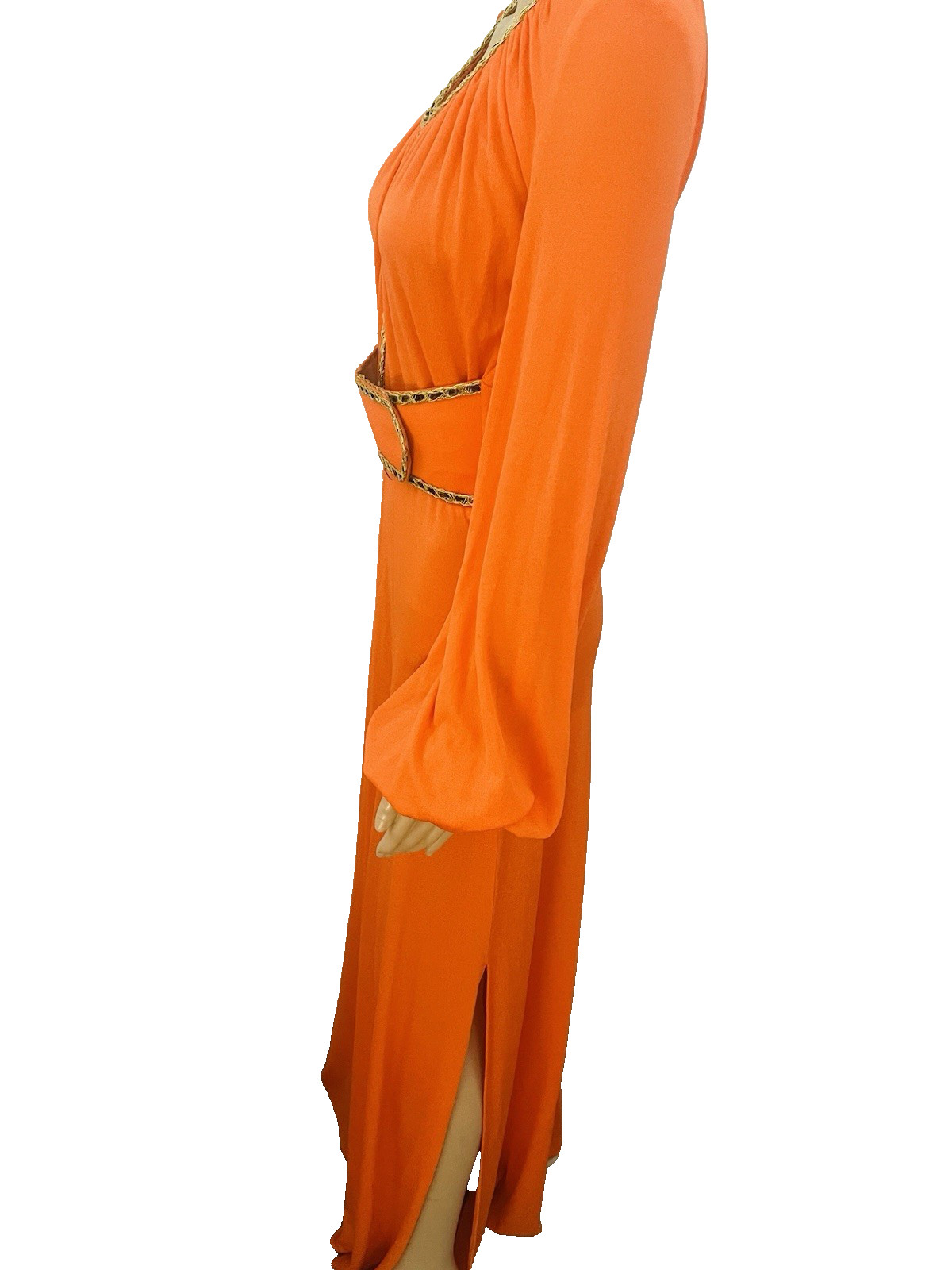 VTG 70s Funky Mod Orange Belted Maxi Dress Sexy Plunging Keyhole Front/Back Med