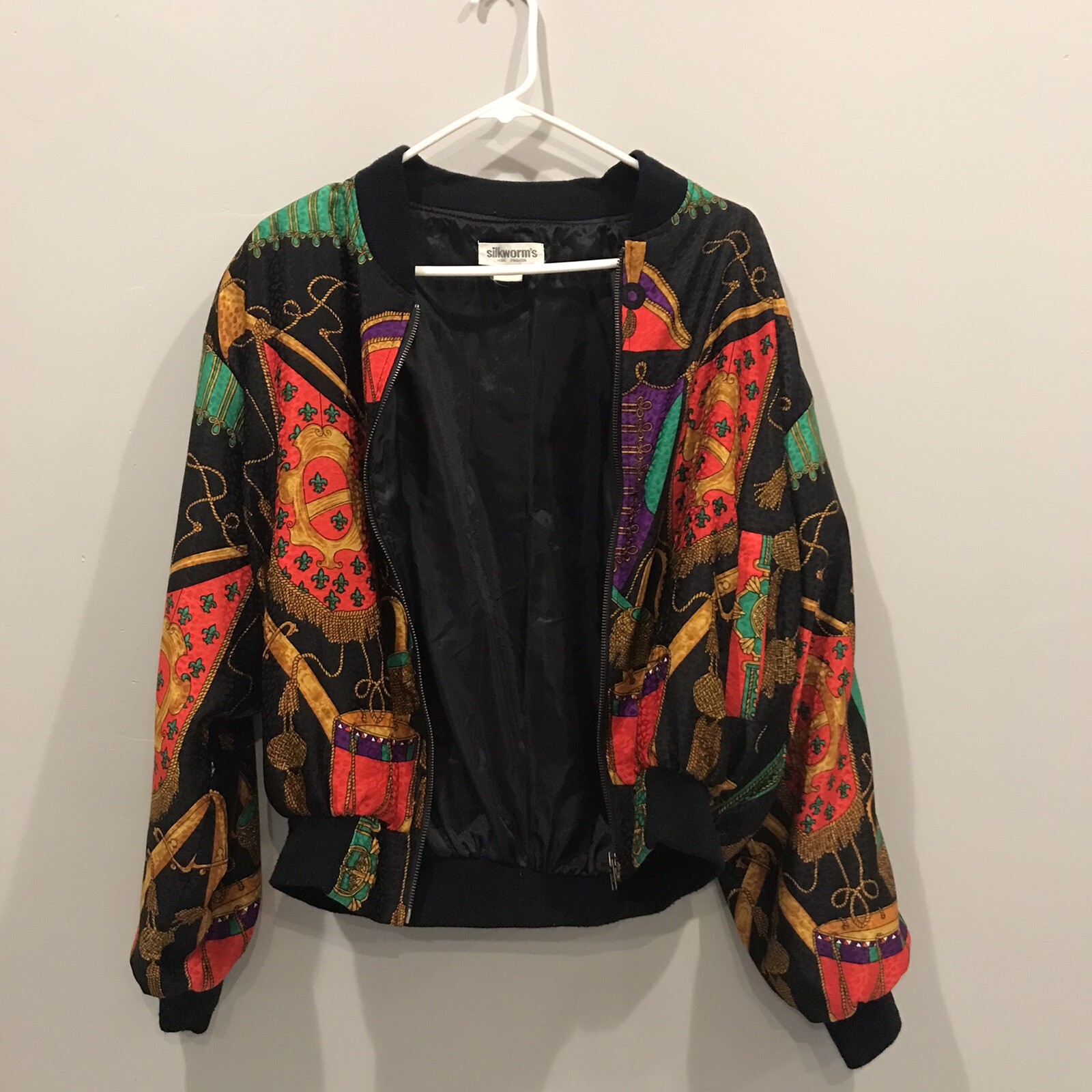 VTG Womens Silkworm&rsquo;s Bomber Jacket Colorful Dopamine Dressing Retro Polyester