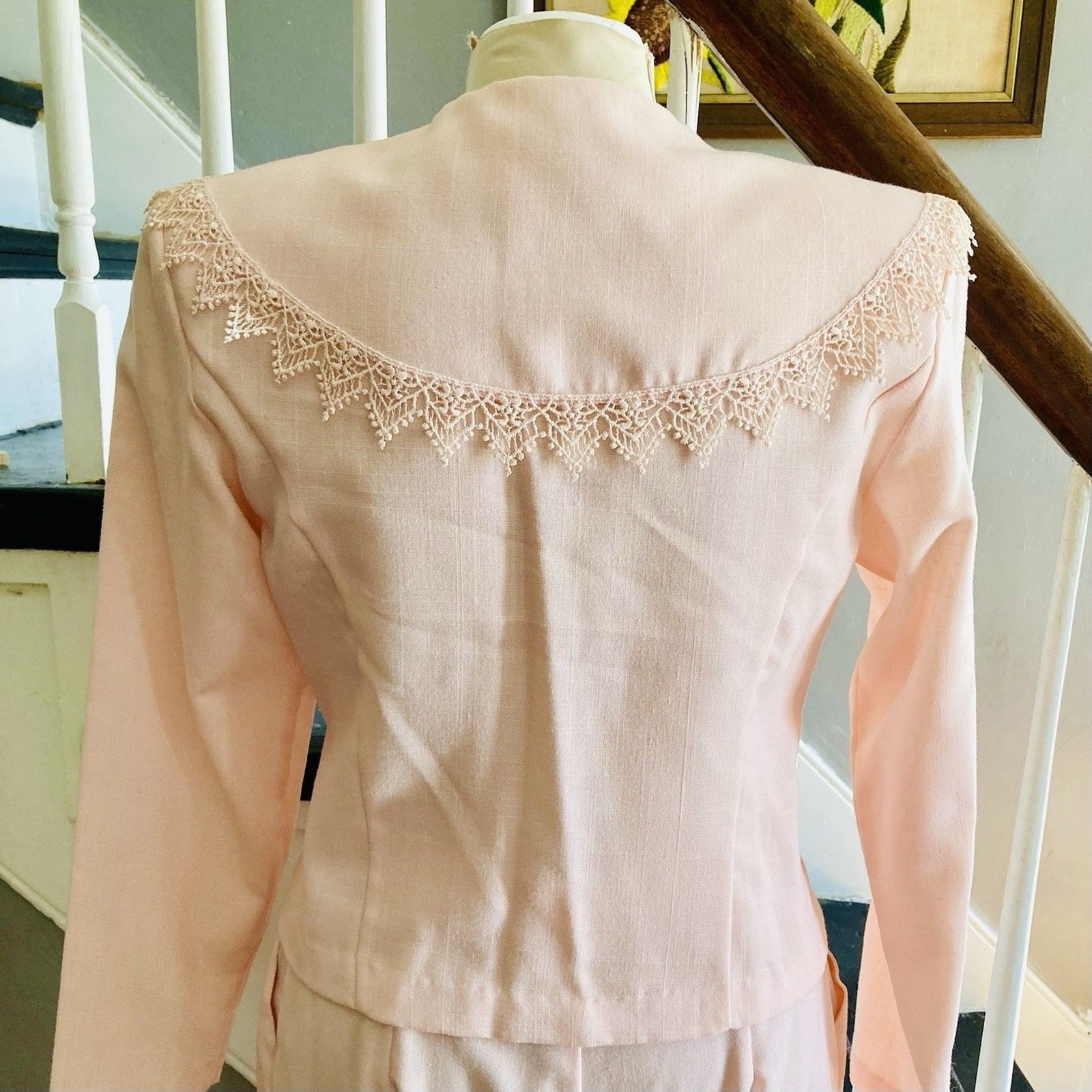 1980s Linen-look Petal Pink Lace-trimmed Pantsuit For Work Church Or Tea Parties