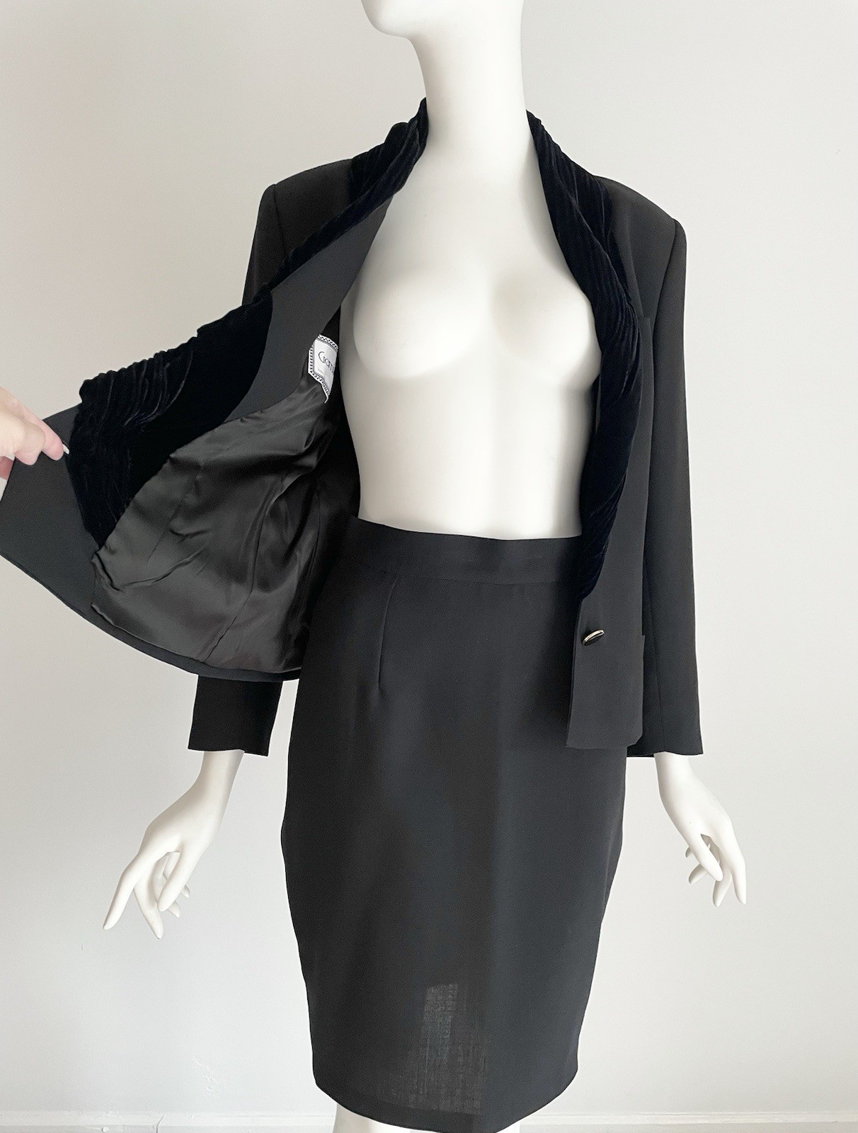 Vintage 1980s Gianni Versace Black Wool Velvet Twist Trim Skirt Suit Set Jacket