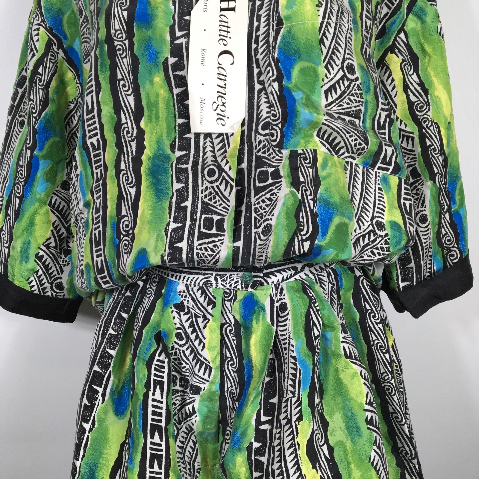 VTG 80s Geometric Short Blouse 2pc Silk Suit Hattie Carnegie Art 2 Wear M NEW