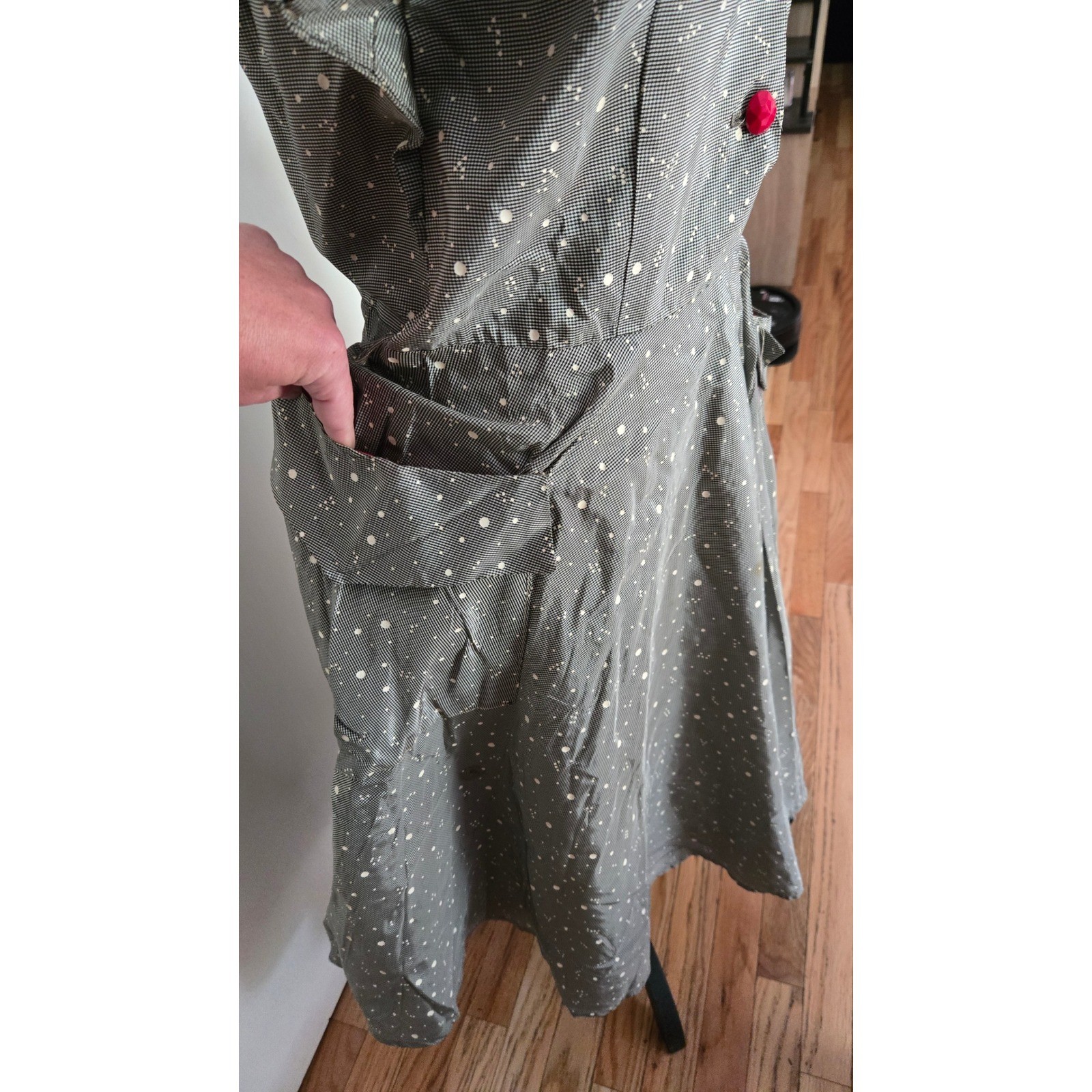 Vintage 50s Grey Atomic Splatter Dot Cotton Dress Red Lined Pockets Rockabilly