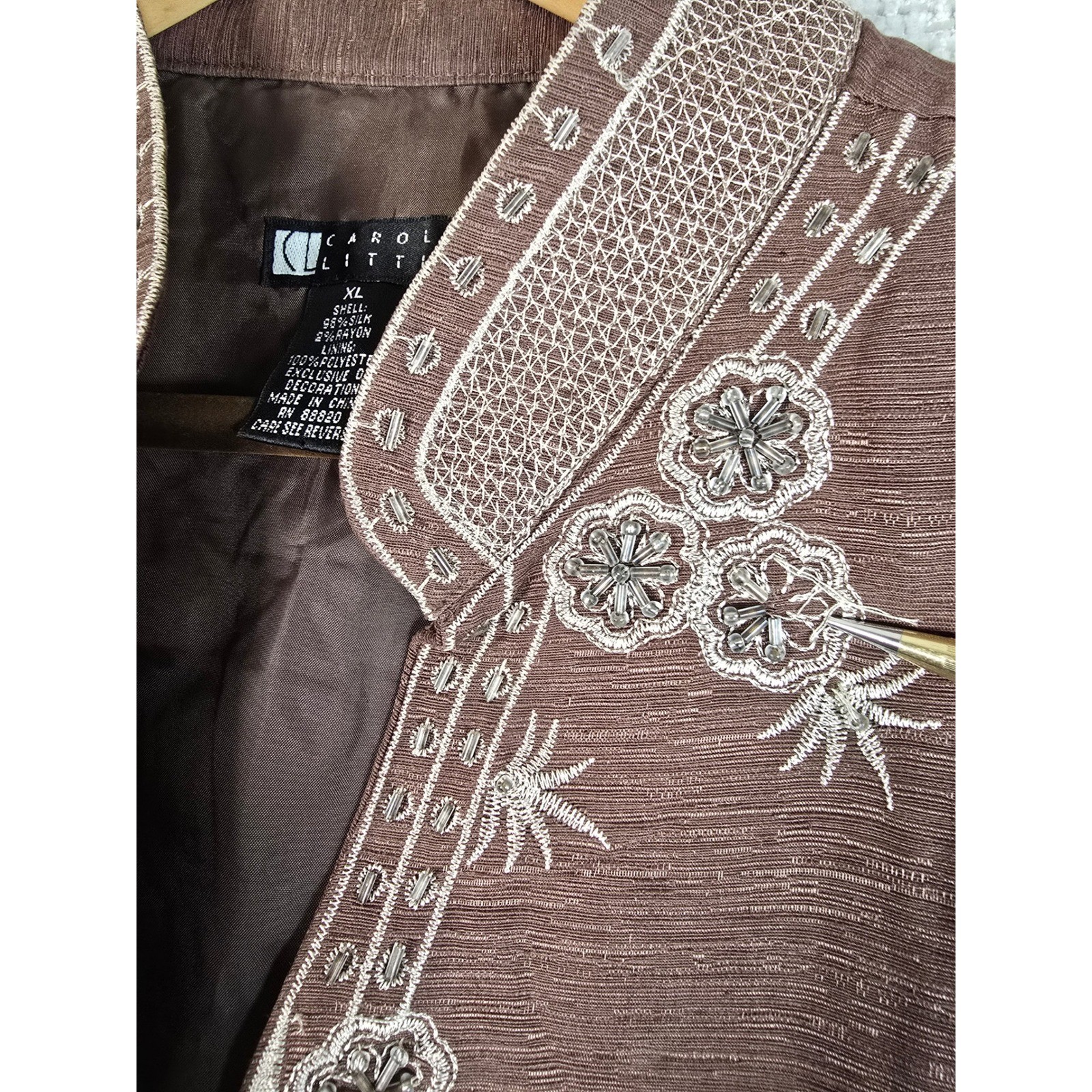 VTG Carole Little Silk Jacket XL Brown Beaded Embroidered Boho Art to Wear Lined