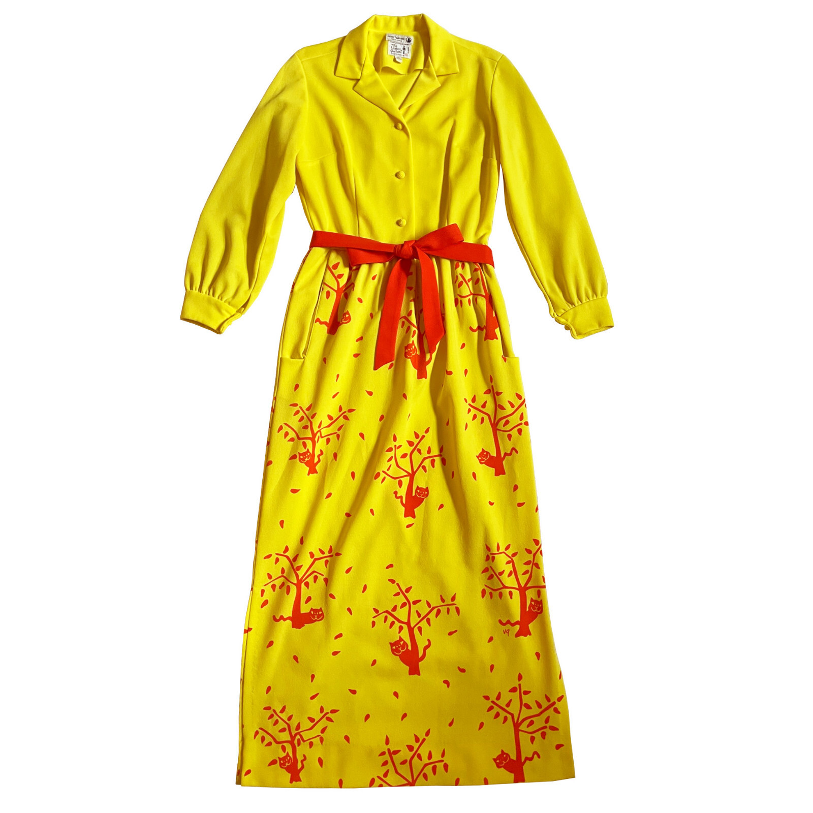 VESTED GENTRESS Maxi Dress Cats Autumn Trees Print Belted Yellow Vintage Size 10