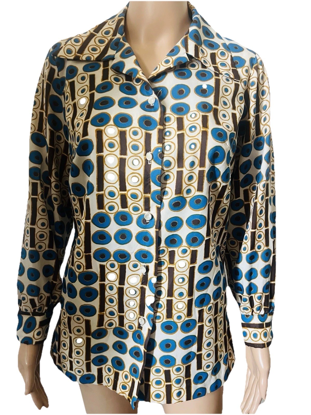 VTG 70s Disco Bold Geometric Circles Big Collar Blouse Graff Californiawear Top