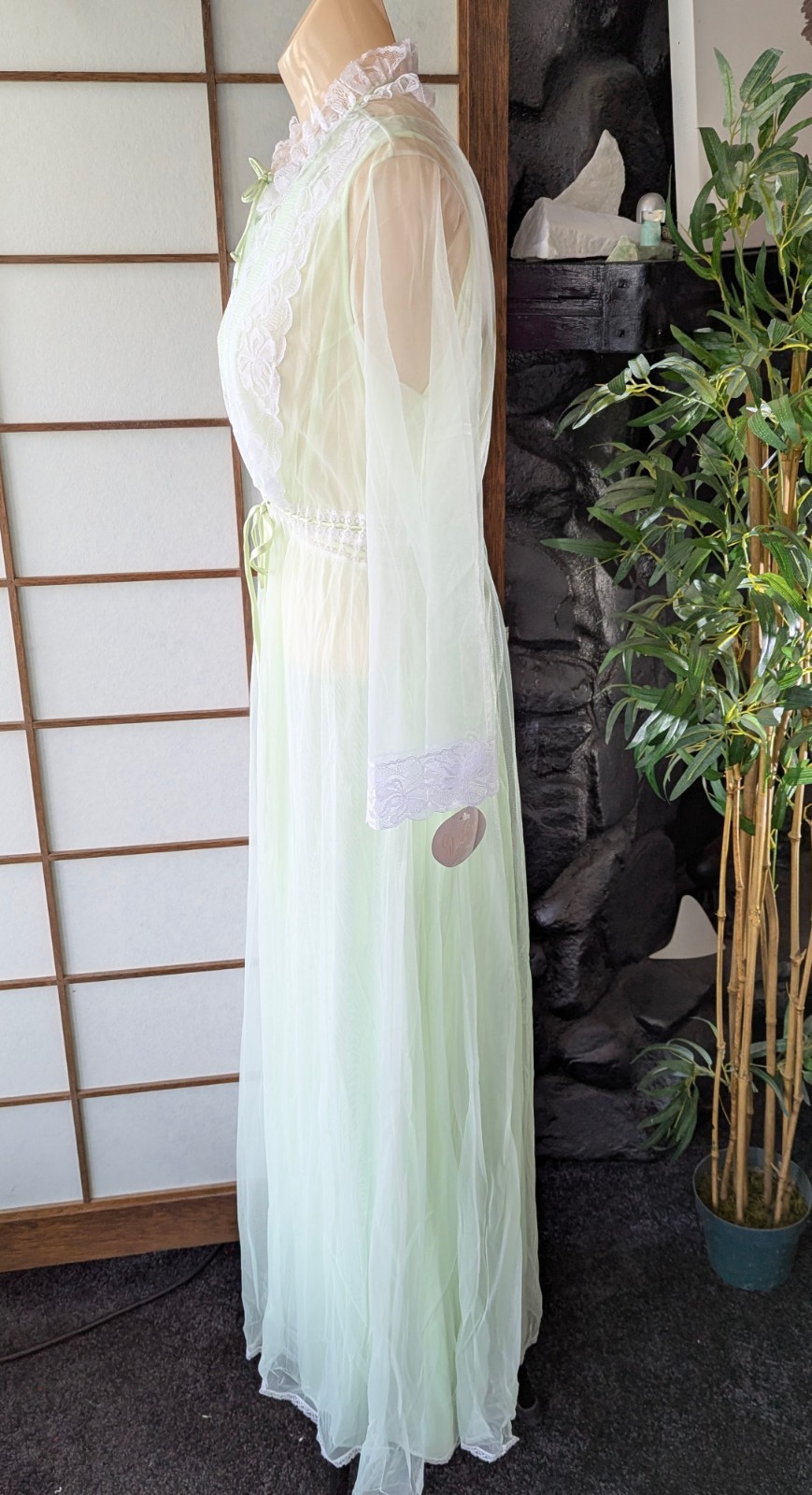 Vtg 1970s Miss Elaine Peignoir Set Long Mint Green Chiffon Lace USA Large NOS