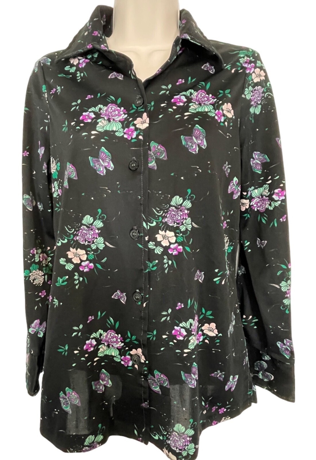Vintage Sears Floral Button-Up Shirt SZ S Black Purple Vintage Whimsigoth