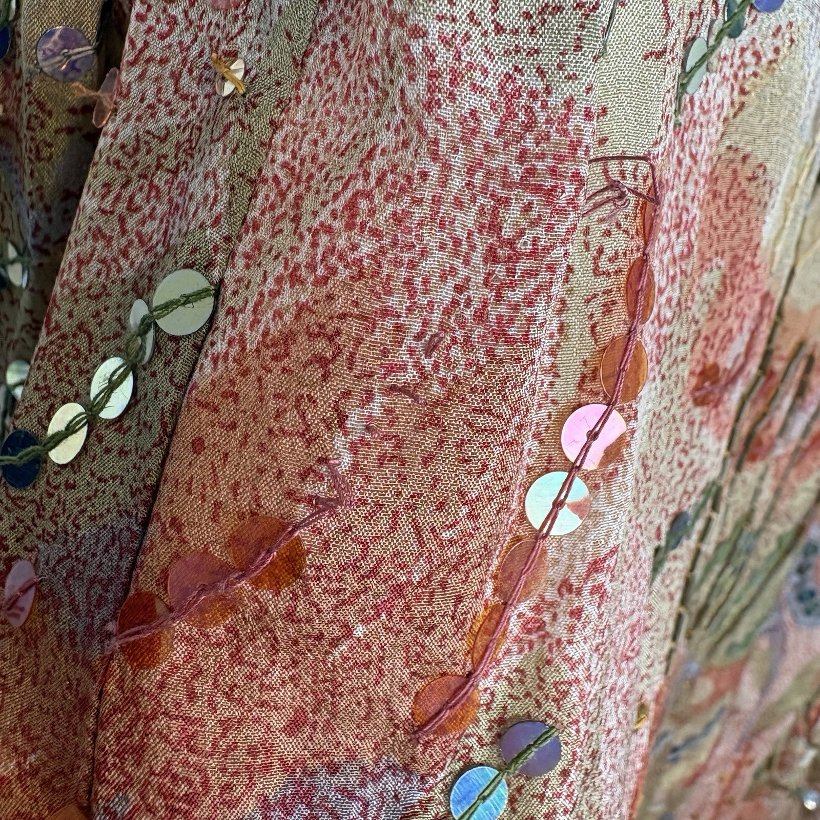 Vtg Judith Ann Creations Sequin 100% Abstract Silk India Long Sleeve Dress
