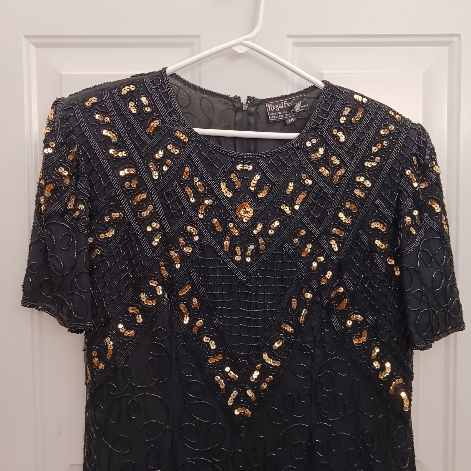 Vintage Royal Feelings Silk Beaded Sequin Dress Black Gold Cocktail Party Sz M