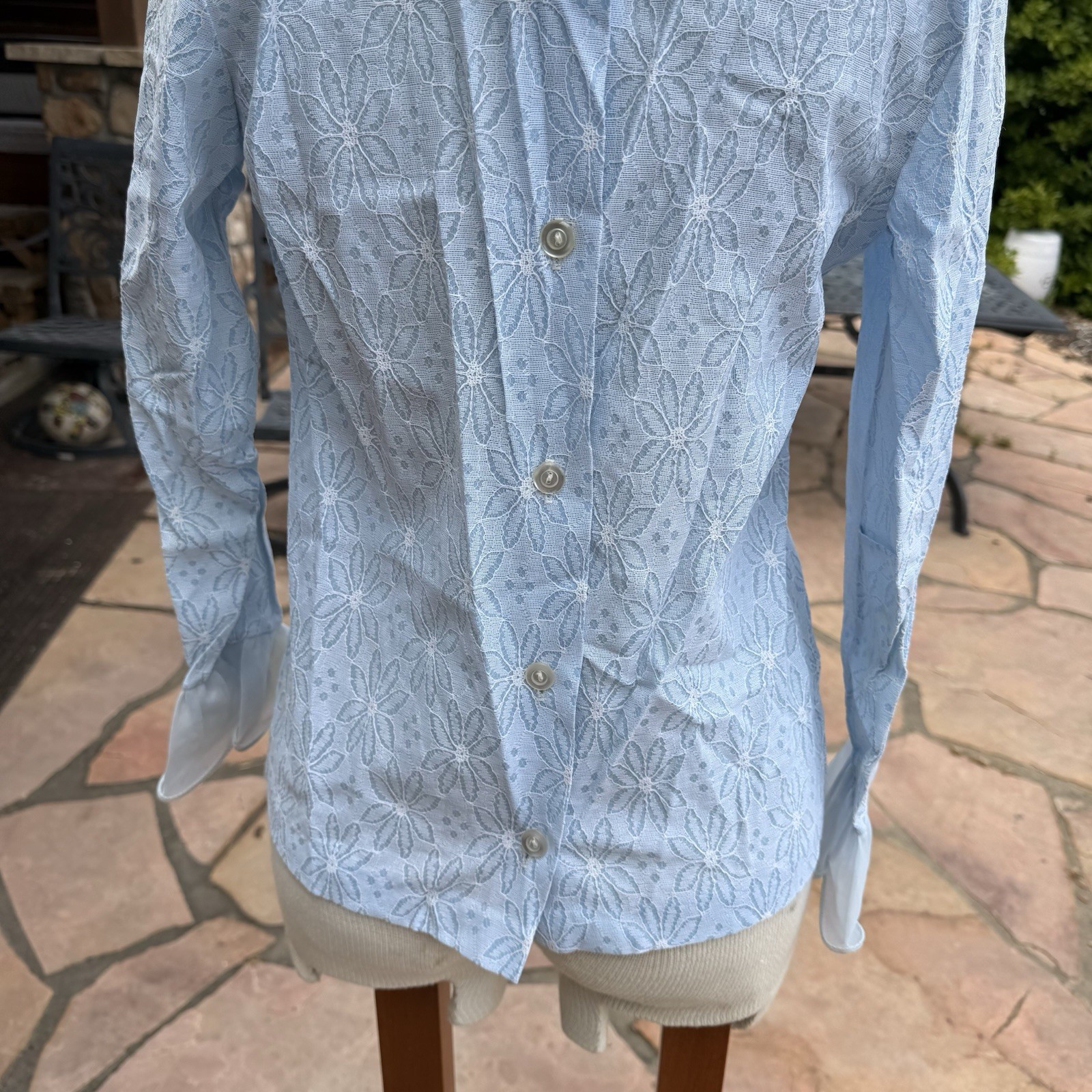 Vtg 70s Powder Blue Lace Eyelet Tuxedo Blouse Dramatic Ruffle Blouse see pics