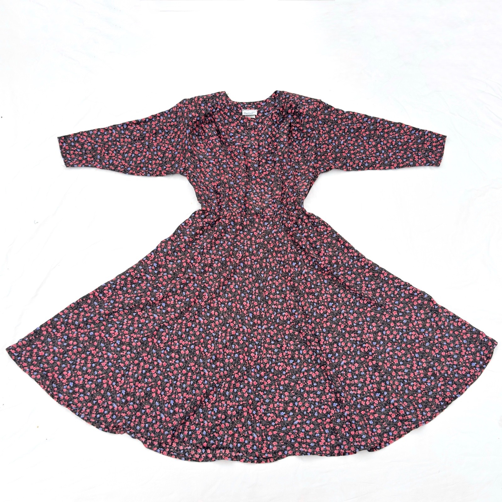 Vintage 80s Stuart Alan Petites Multicolor Floral Vines Retro Prairie Dress 10P