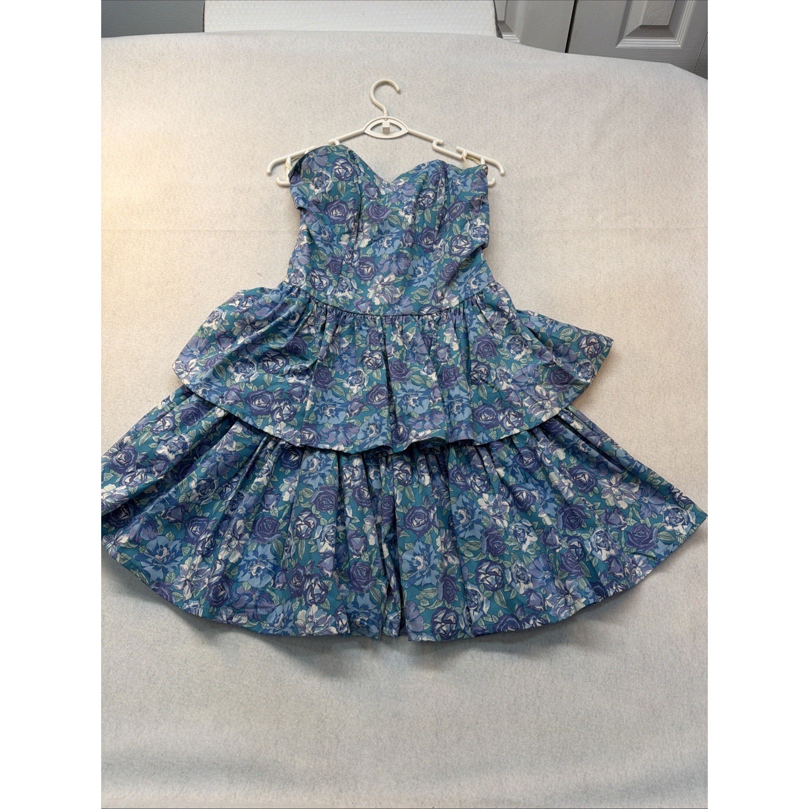 Vtg Laura Ashley Dress Medium Strapless Ruffle Tiers 90s Floral Blue Cottagecore