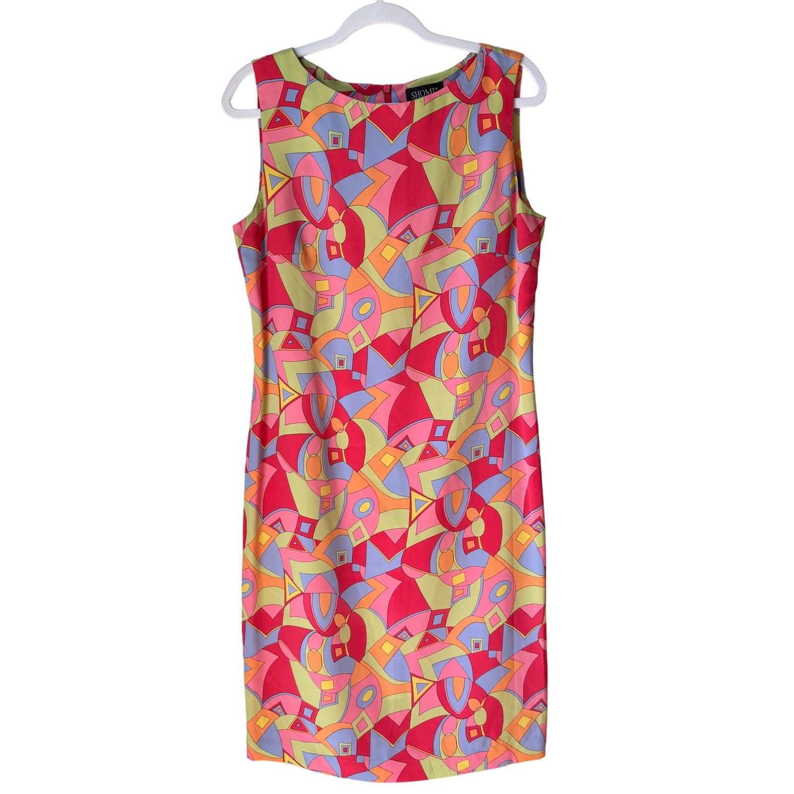 Vintage Shomi 100% Silk Midi Dress Colorful Abstract Print Retro Mod Size 10