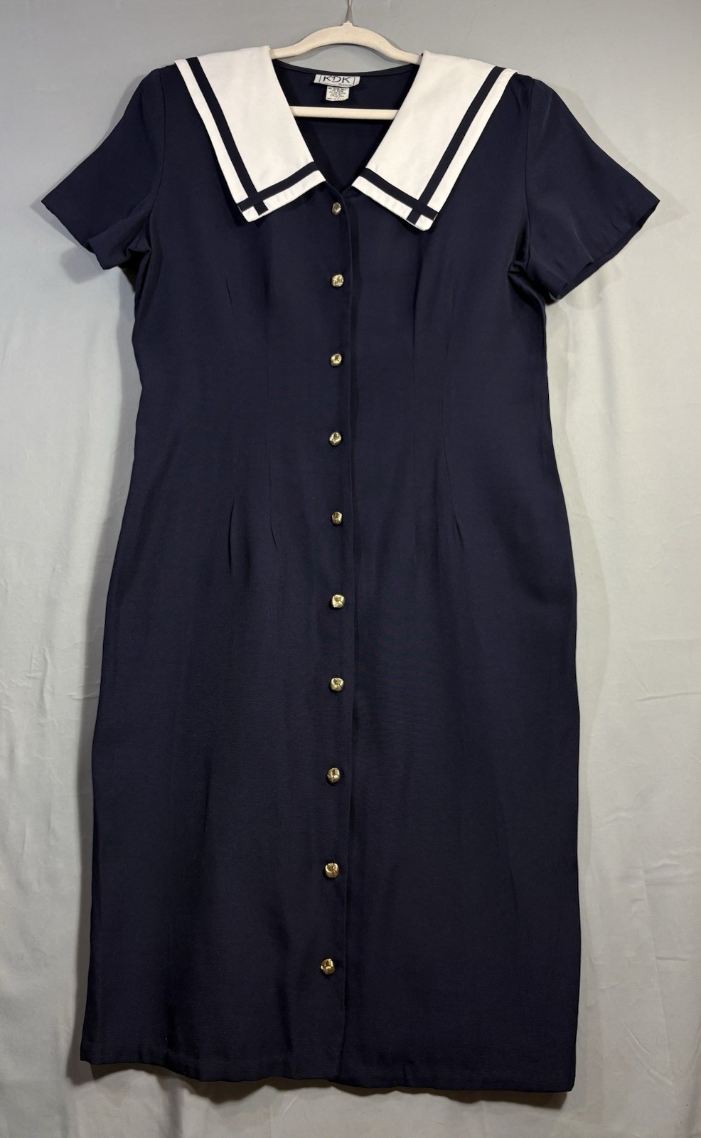 Vintage 90s Nautical Sailor Dress USA Made Navy White Collar Preppy Midi 12