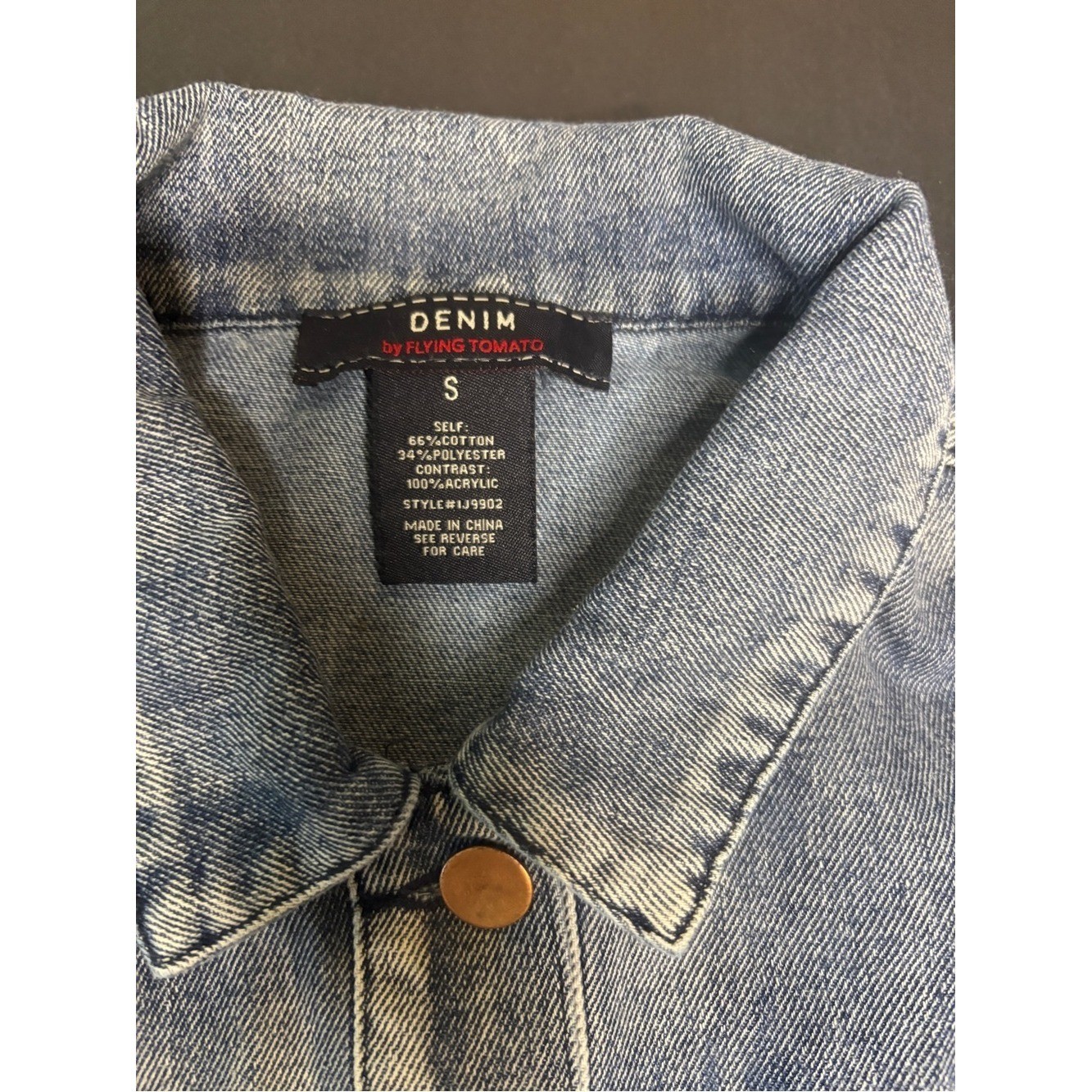Flying Tomato Light Blue Denim Jacket with Multi-Color Knit Sleeves Size S Boho