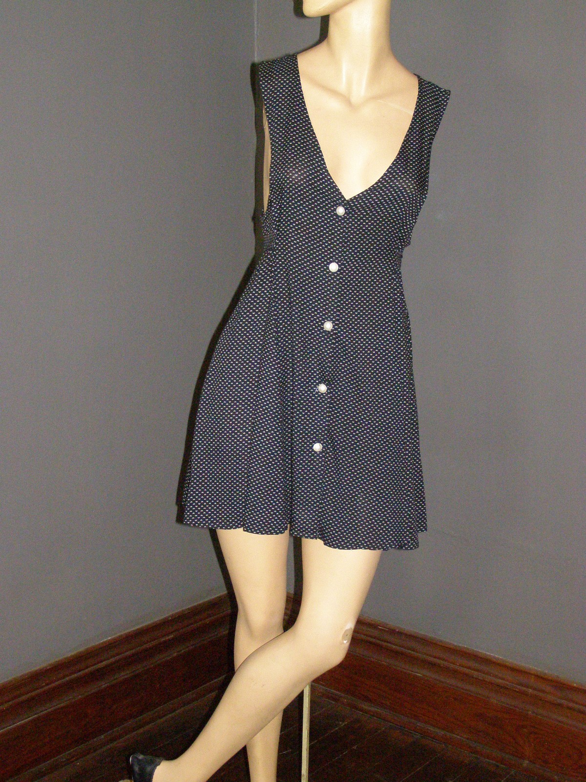 Vintage 90&rsquo;s black pearl button up MINI DRESS S M tie back waist V-neck GRUNGE