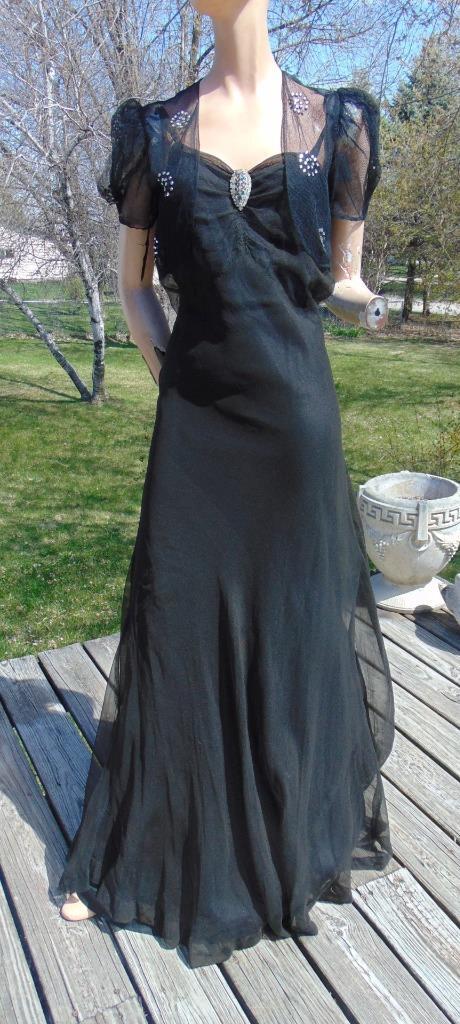 VTG 1930S Black Chiffon Dress & Puff Sleeve Embellished Net Bolero SM