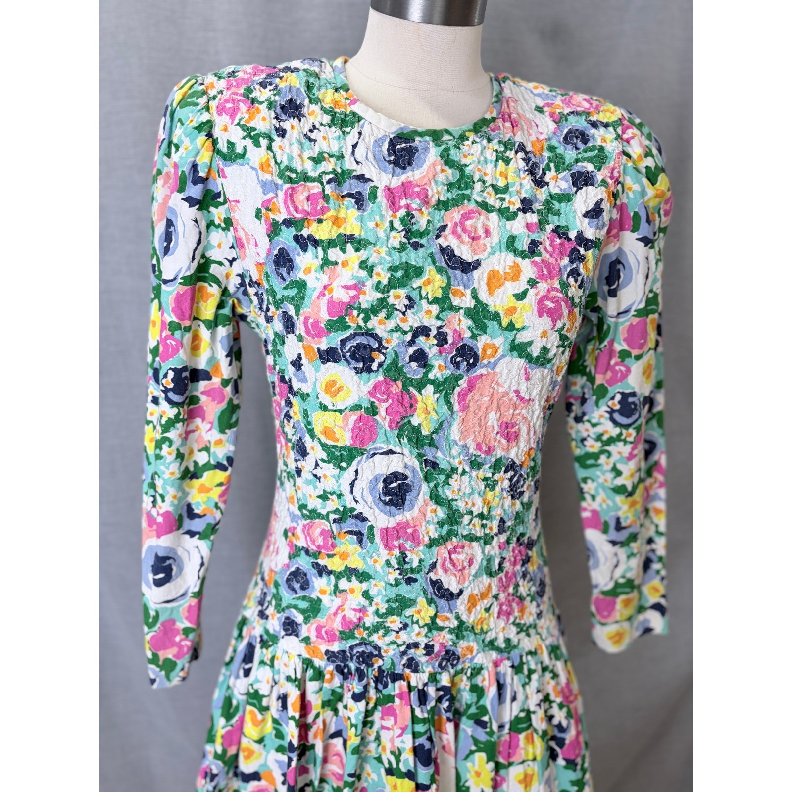 Antara Vintage 90s Floral Smocked Bodice Midi Dress Multi Color Cotton 5