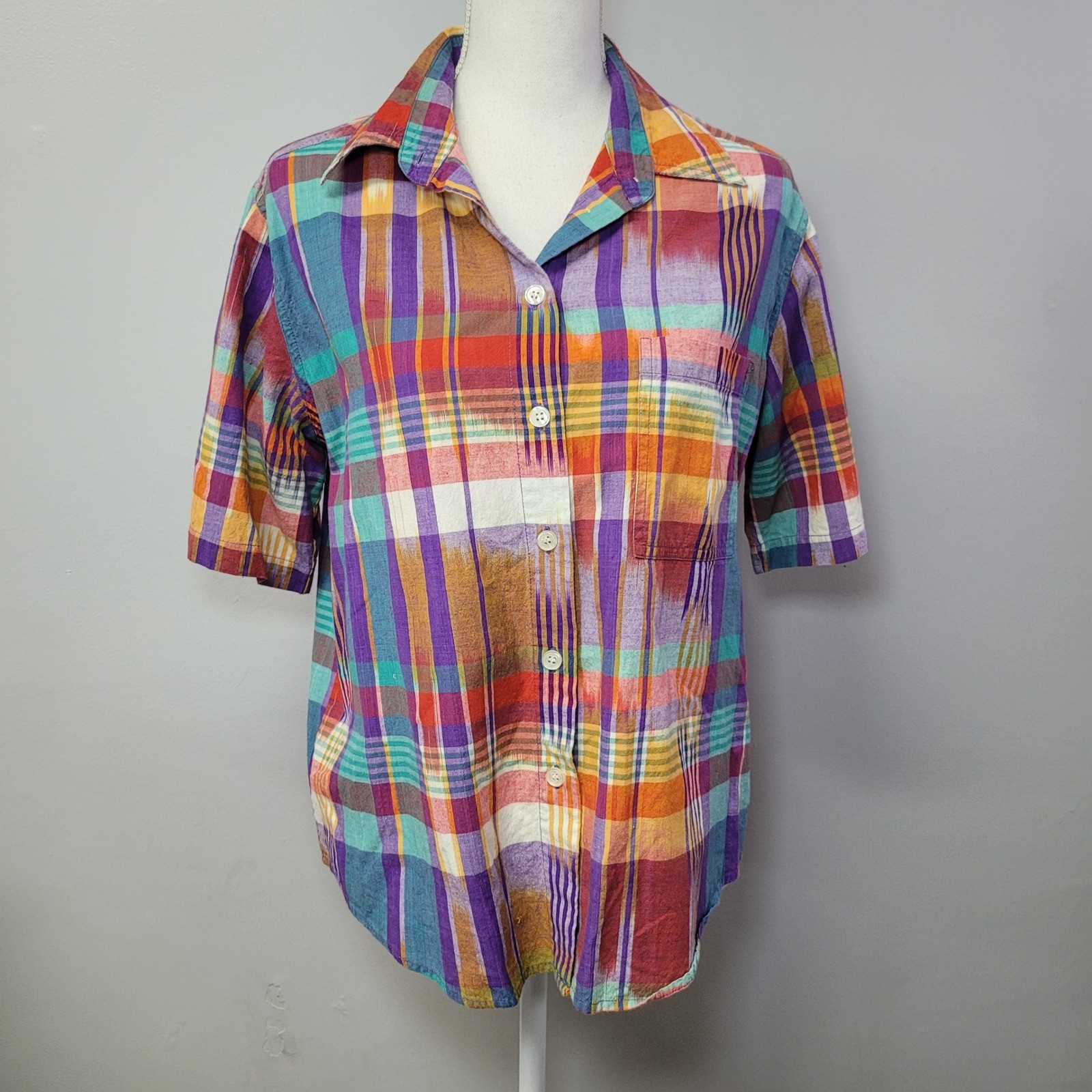 Koret Francisca Vintage Colorful Plaid Short Sleeve Shirt Womens Large