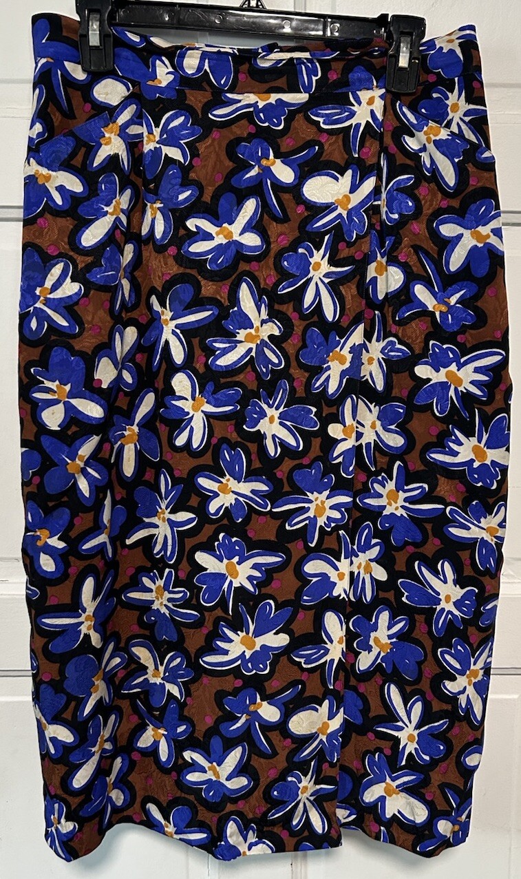 VTG Flora Kung Sz 12 Midi Skirt 100% Silk Pleated Mock Wrap Pockets Blue Flowers