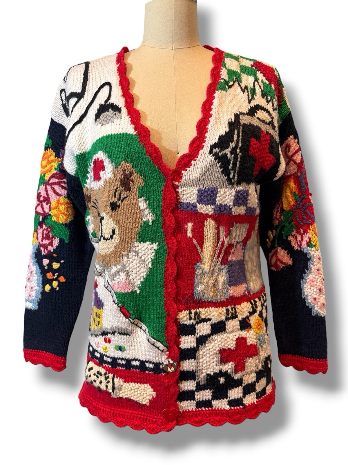 Vintage 1995 Eagle’s Eye Hand Knitted Hospital Nurse Teddy Care Sweater Sz S