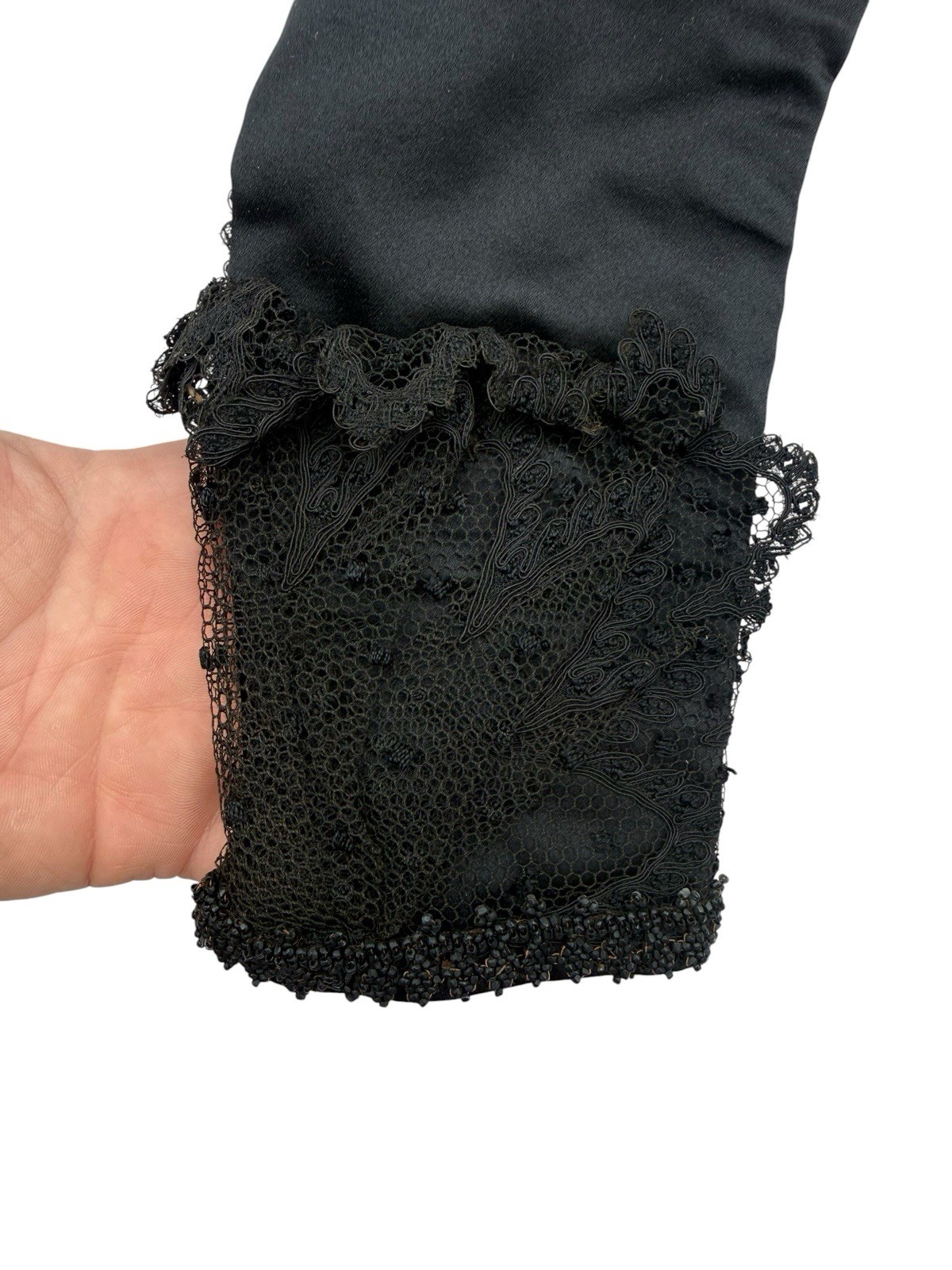 Antique 1890s Victorian Mourning Bodice Jet Black Beaded Boned Lace Top Jacket