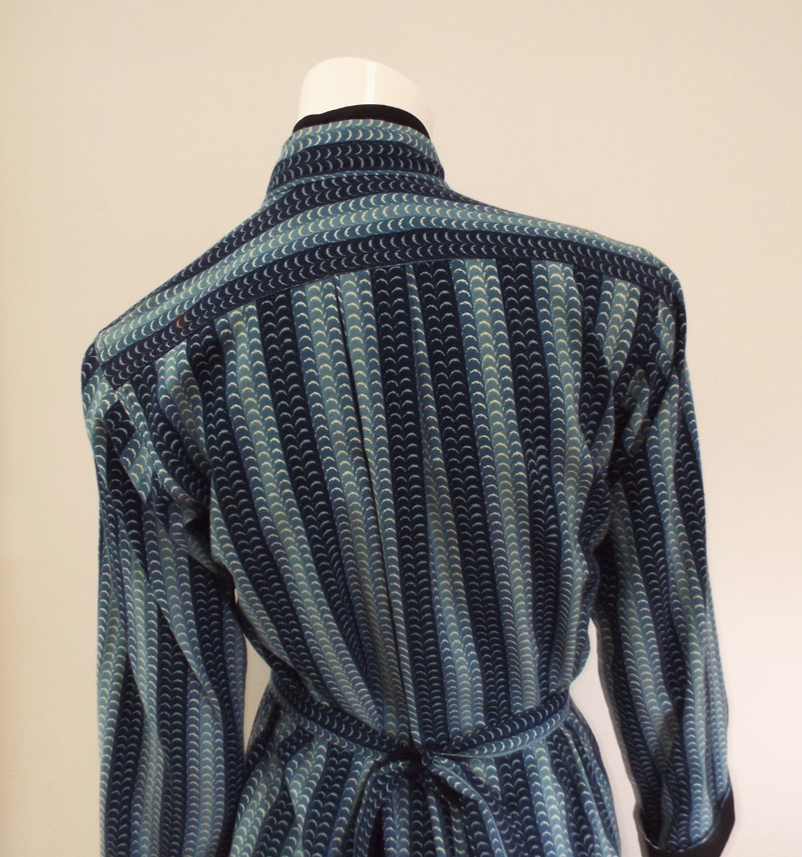 Vintage 1970s KENZO Jap Kimono Long Robe Dress 38 Blue Cotton Wrap Front Belt
