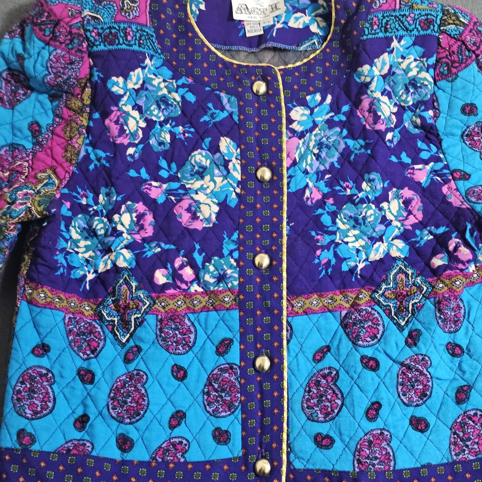 Vtg ACT I 5/6 Quilted Button Jacket Shoulder Pads Multicolored Blues