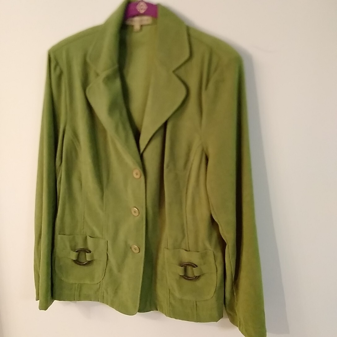 Vtg green faux suede jacket button up pockets L polyester spandex shoulder pads