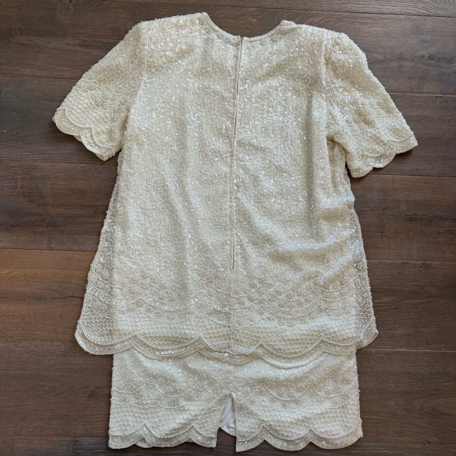 Brilliante 100% Silk Beaded Sequined Dress Scalloped Hem, 80s Vintage Glamour, B