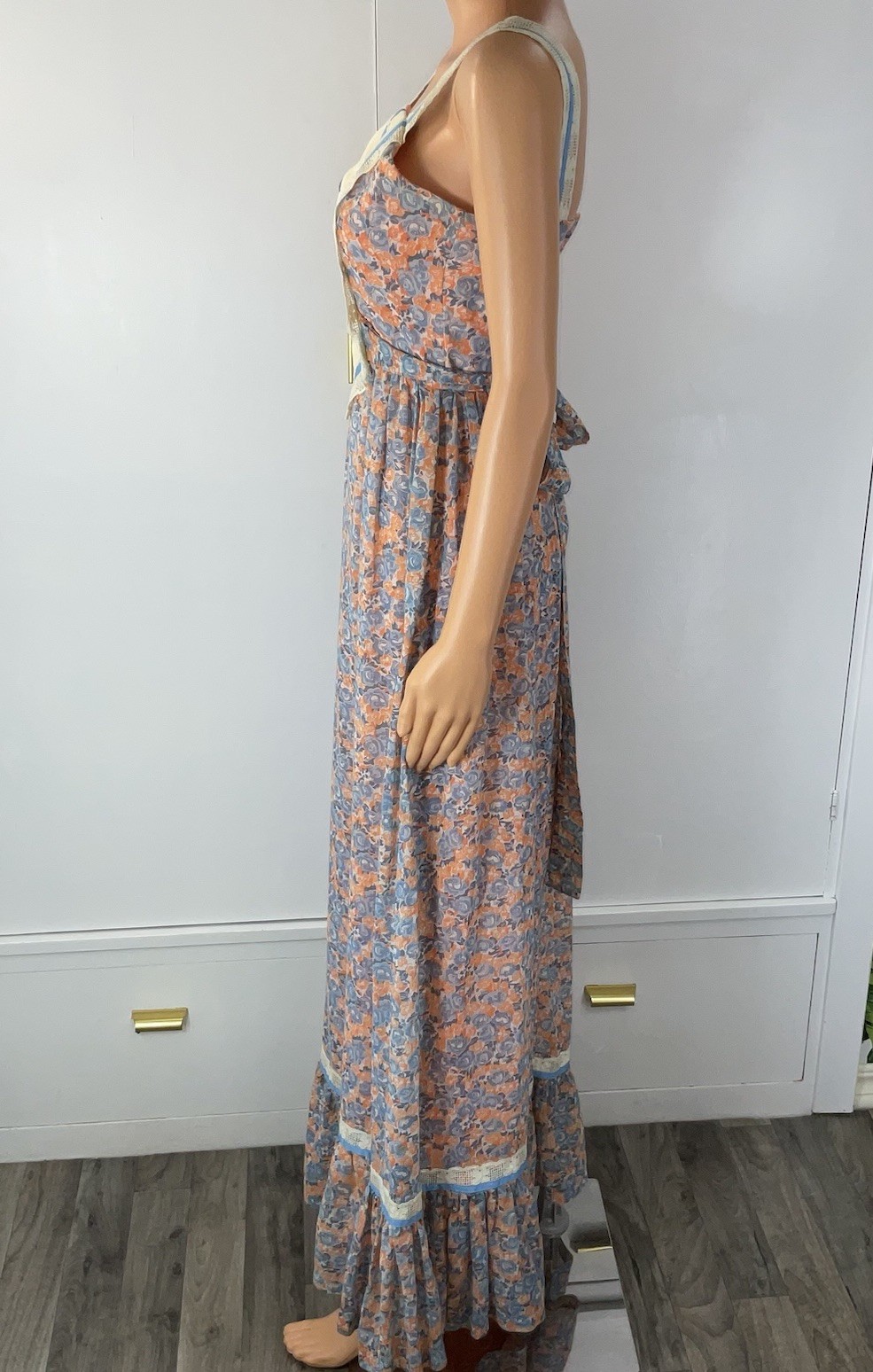 70s Praire Maxi Dress VTG Candi Jones Peach Blue Floral Lace Boho Hippie Sz 9